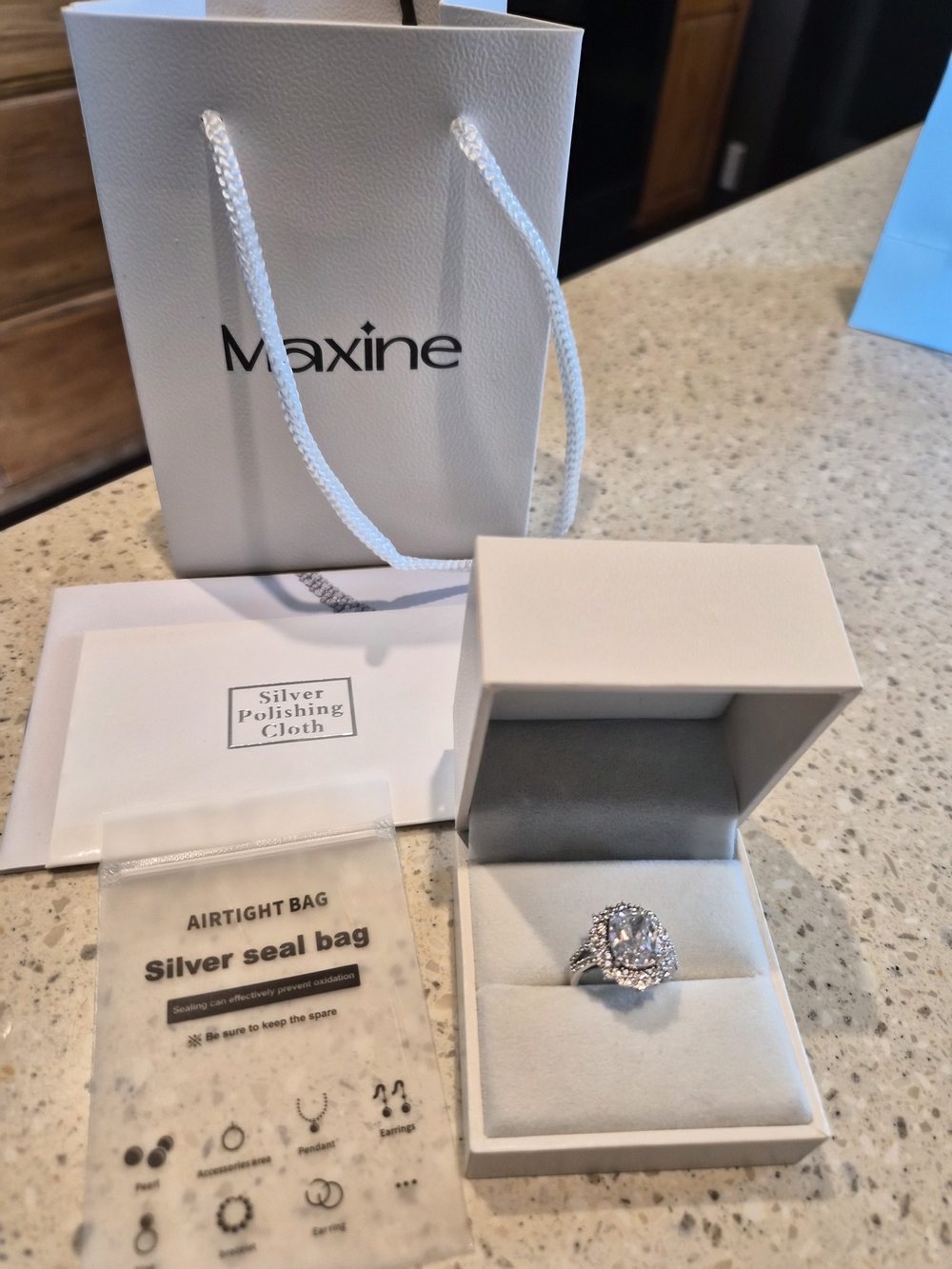 Maxine Silver Halo Engagement Ring with Bag